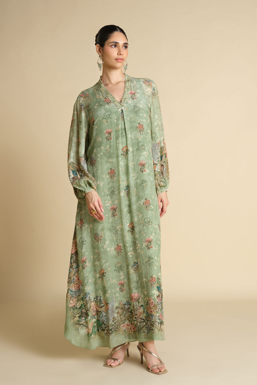 Fareeha Printed Kaftan - Sage, Sage, image 1